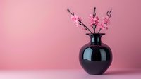 Pink cherry blossom branches in black ceramic vase against soft pink background, creating minimalist spring composition with copy space for text placement.