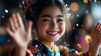 Young Asian woman in traditional kimono celebrating with confetti and colorful bokeh lights, expressing joy with raised hands and genuine smile during festive occasion.