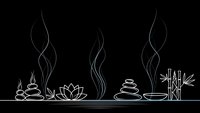 Zen spa elements with lotus flower, stacked stones, bamboo and incense smoke in minimalist white line art on black background for wellness design.