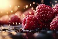 Fresh ripe raspberries with water drops on dark surface against blurred golden bokeh background, macro food photography with selective focus.