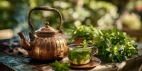 Copper teapot with fresh herbal tea in glass cup surrounded by green mint leaves on wooden table with natural sunlight creating warm atmosphere.