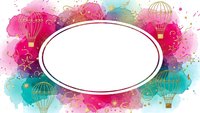 Watercolor hot air balloons frame with blank oval space for text on white background. Colorful pink and turquoise splash design for invitations and cards.
