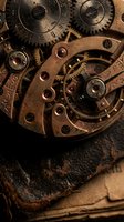Vintage clockwork mechanism with intricate bronze gears and cogs on aged leather surface for steampunk designs and mechanical concepts.