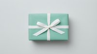 Mint green gift box with white satin ribbon bow on neutral background for holidays, birthdays, celebrations and special occasions.