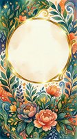 Watercolor floral frame with gold circle, lush botanical leaves, peonies, and berries in teal, coral, and green tones for cards.