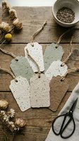 Handmade seed paper gift tags in natural earth tones with twine, displayed on rustic wood with dried flowers and scissors for eco-friendly crafting projects.