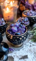 Mystical arrangement with purple crystals in ornate black and gold bowl, glowing candles, and delicate lace. Atmospheric spiritual wellness setting for meditation and healing.