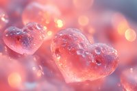 Frozen heart-shaped ice crystals with sparkling bokeh lights in warm pink and gold tones, perfect for Valentine's Day, love, romance, and festive greeting card designs.