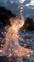 Magical glowing peacock made of light strands against twilight sky, creating ethereal fantasy effect for greeting cards and decorative art.