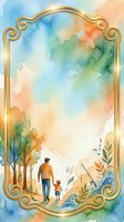 Watercolor illustration of adult male and young child walking together in nature landscape with trees, foliage, and water elements, framed by ornate gold decorative border.