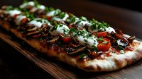 Grilled flatbread pizza topped with caramelized onions, roasted red peppers, fresh herbs and creamy cheese drizzle on rustic wooden board for gourmet dining.