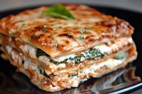 Layered spinach and ricotta lasagna with melted mozzarella cheese on top, garnished with fresh herbs, served on dark plate, close-up view of texture and layers.