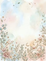 Watercolor nursery background with sleeping child surrounded by botanical elements, stars, and hearts on isolated white space, ready for greeting cards, invitations, and children's designs.