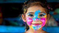 Young Hispanic girl with vibrant face paint in blue and pink colors smiling joyfully at carnival celebration, expressing pure childhood happiness and festive spirit.