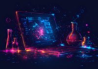 Futuristic laboratory workspace with glowing laptop and chemistry flasks in neon pink and blue colors against dark background, science concept illustration.