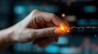 Hand touching glowing energy wave with orange light effect and sparkles against dark background, representing digital transformation and future technology.