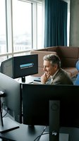 Middle-aged man with gray hair, Caucasian ethnicity, wearing casual beige sweater, focused on computer work at modern office desk with dual monitors, high-rise window view, professional workspace setting.