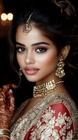 Young South Asian woman in traditional bridal attire with ornate gold jewelry, mehndi on hands, and embroidered red lehenga, showcasing wedding fashion and cultural elements.