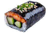 Fresh salmon and cucumber sushi roll topped with nori seaweed, sesame seeds and green onions on white background, close up view of Japanese cuisine.