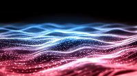 Abstract glowing waves with particles flowing in dark space, blue and pink gradient light streams creating dynamic motion effect on black background.