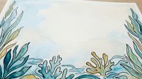 Watercolor seaweed and coral elements frame a serene underwater scene with soft blue tones, isolated on white background for design projects and marine-themed compositions.