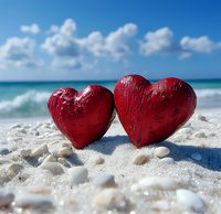 Two red wooden hearts on white sandy beach with turquoise ocean waves and blue sky with fluffy clouds in background, romantic vacation concept.