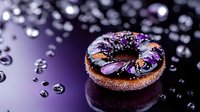 Purple glazed chocolate donut with colorful sprinkles on dark reflective surface surrounded by water drops, dramatic lighting creates appetizing dessert atmosphere.