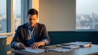Professional businessman in suit working at office desk during golden hour with city skyline view through windows for corporate presentations.