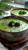 Creamy broccoli soup in rustic ceramic bowls garnished with fresh florets and seeds, festive pine branches in background with bokeh lights.