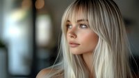Young blonde woman with natural makeup and long straight platinum hair gazing thoughtfully aside against blurred bokeh background. Soft beauty portrait in warm tones.
