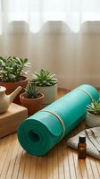 Turquoise yoga mat rolled up with succulents and essential oils on bamboo surface creating peaceful home workout space for mindfulness and wellness practice.