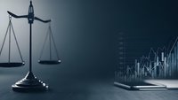 Justice scales with financial charts and graphs on tablet screen representing legal compliance and regulatory analysis in business law.