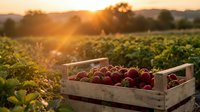 Fresh red apples in wooden crate at vineyard during golden hour sunset. Organic fruit harvest in agricultural landscape with warm sunlight and mountain backdrop.