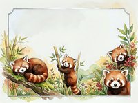 Watercolor red pandas in nature frame with copy space, featuring sleeping, climbing, and curious animals among bamboo and berries.
