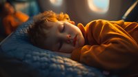 Peaceful sleeping toddler in orange sweater resting on blue textured blanket during airplane travel, illuminated by warm sunset light through window.