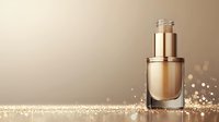 Luxurious cosmetic glass bottle with golden liquid foundation and sparkling glitter particles on beige background with bokeh effect and copy space for beauty product.