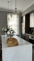 Modern kitchen interior with orange tabby cat sitting on white marble island counter featuring geometric pendant lights and contemporary cabinetry.