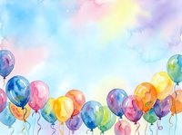 Watercolor balloons in vibrant colors floating against soft pastel sky with clouds, ideal for celebrations, parties, and festive event designs.