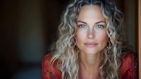 Caucasian woman with long curly blonde hair and striking blue eyes wearing red lace top against dark background, soft natural lighting creates intimate portrait.