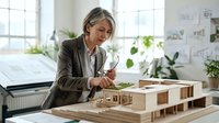 Senior female architect with gray hair and light skin tone examining wooden architectural model in bright studio workspace with plants and design blueprints, professional building planning and design concept.