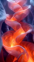Abstract flowing curves in orange and blue create dynamic movement against dark background, glowing with ethereal light and translucent layers for modern wall art.