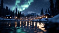 Northern lights dance over cozy lakeside cabins with warm glowing windows, illuminating snowy winter landscape and reflecting in calm waters at night.