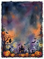 Halloween watercolor background with pumpkins, bats, haunted house and spooky trees. Autumn holiday frame for party invitations and seasonal decorations.