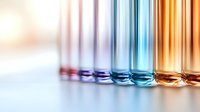 Colorful laboratory test tubes in row showing gradient from blue to orange tones, scientific research concept with selective focus and bokeh effect.