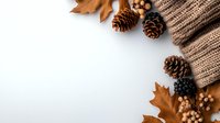 Cozy autumn composition with pine cones, knitted scarf and dried oak leaves on white background. Seasonal flat lay with copy space for fall design.