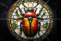 Stained glass scarab beetle artwork with vibrant orange and red wings in circular mosaic frame against dark background, decorative insect design pattern.
