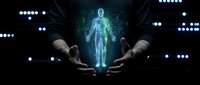 Hands presenting glowing blue holographic human figure with digital interface elements on dark background for technology and healthcare concepts.