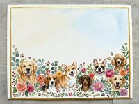 Adorable dog breeds border with floral elements and paw prints on watercolor background for pet-themed designs and greeting cards.