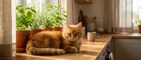 Ginger tabby cat resting on wooden kitchen counter near potted plants and window, domestic pet in home interior setting.