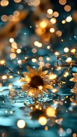 Sunflower floating on water surface with fairy lights creating magical bokeh effect against turquoise background. Dreamy summer evening atmosphere.